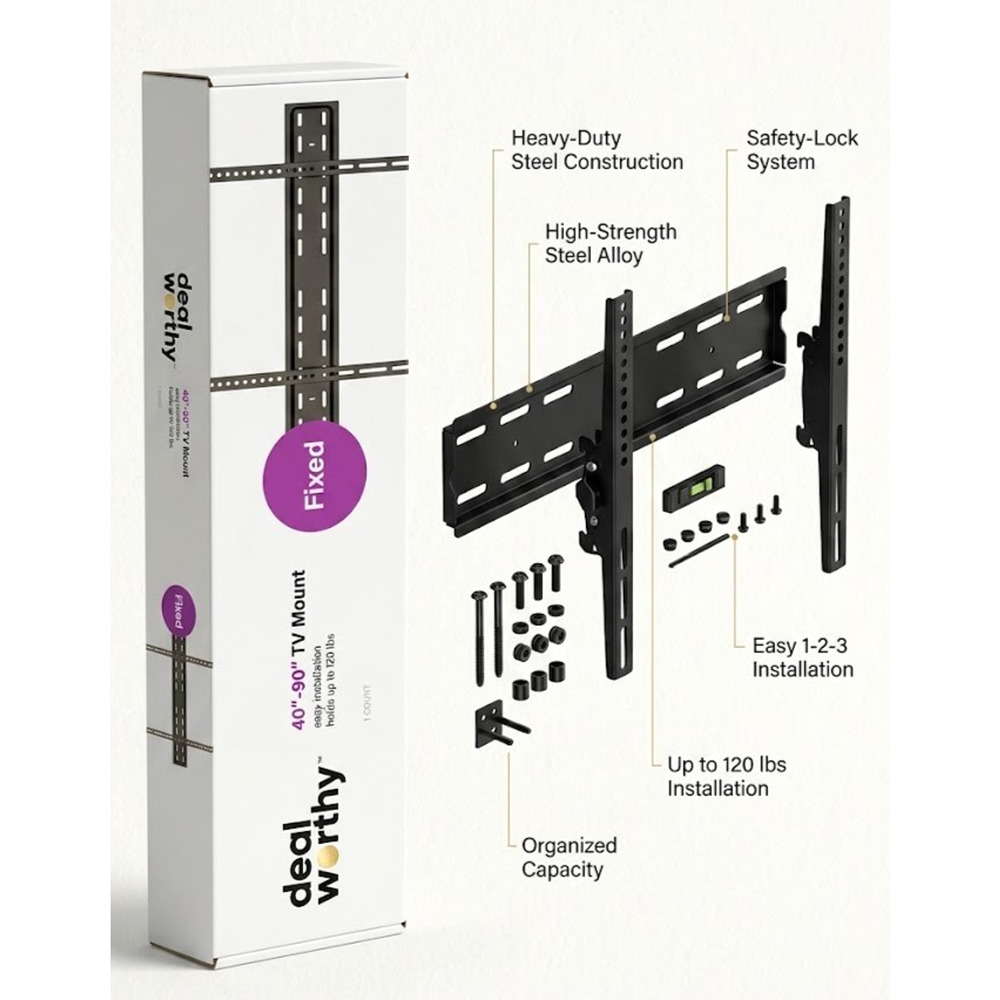 DealWorthy Fixed TV Wall Mount for 40"-90" TVs - Holds up to 120 lbs - Open Box